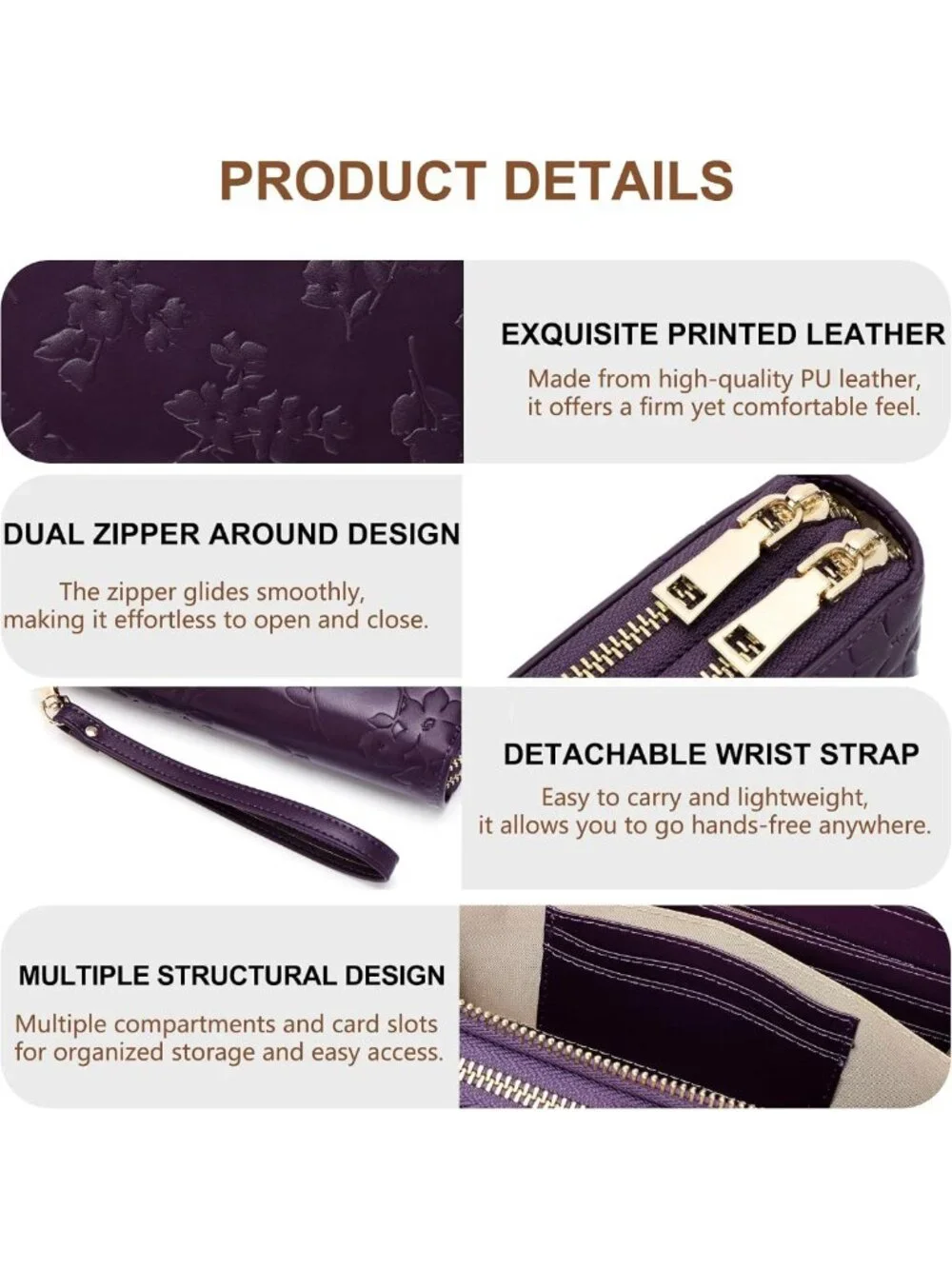 Large Capacity Vegan Leather RFID Blocking Double Zip Wristlet Wallet for Travel